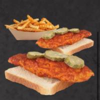 Combo 2 · 2 hot chicken tenders over white bread with pickles and fries.