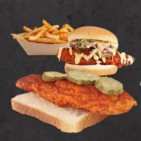 Combo 3 · 1 hot chicken slider and one tender over white bread with slaw, pickles and fries.