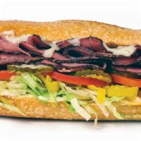 Hot Pastrami & Swiss Sandwicheez · The works: lettuce, tomatoes, pickles, pepperoncini, real mayo, mustard, extra virgin olive ...
