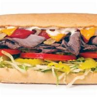 Hot Roast Beef & Cheddar Sandwicheez · The works: lettuce, tomatoes, pickles, pepperoncini, real mayo, mustard, extra virgin olive ...