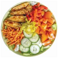 BBQ Chicken Salad · Green mix and lettuce, tomatoes, cucumber, shredded carrots and other vegetables.