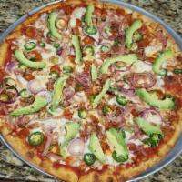 Mexican Pizza · Mexican sausages, ham, bacon, jalapeno peppers, onions and avocado.