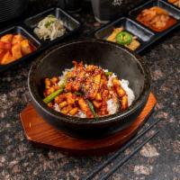 Haemul Dolsot Bibimbap · Rice with spicy squid in hot stone pot. Spicy.
