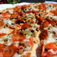 Italy Supreme Pizza · Red Sicilian sauce, mozzarella cheese, pepperoni, sausage, ground beef, onion, green pepper,...