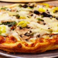 Veggie Pizza · Red Sicilian sauce, mozzarella cheese, spinach, mushrooms, onions, green pepper, black olive...
