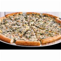 Giant Spinach Alfredo Pizza · Creamy Alfredo sauce, 100% real cheese, and spinach.