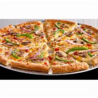 Giant Zesty Veggie Pizza · Zesty ranch sauce, 100% real cheddar, mushrooms, green peppers, tomatoes, red onions and Par...