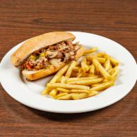 Philly Steak and Cheese Sandwich · Thinly sliced steak on a hoagie bun, topped with sauteed onions, bell peppers, mushrooms, an...