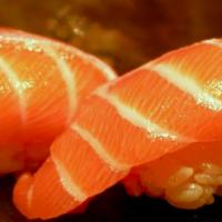 Sake Toro Nigiri · Fatty (Toro) Atlantic Salmon Belly.  2 pcs