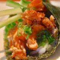 Salmon Skin Hand Roll · Lettuce, Cucumber, Avocado, Yamagobo and Crispy, fried Japanese bacon.