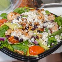 [Shrimp] Michelle's Own Walnut and Spinach Salad · romaine lettuce and spinach mix topped with: shrimp, tomato, red onion, avocado slices, cran...