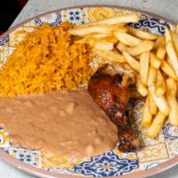 Kid's 1 Chicken leg · Includes rice, beans, and french fries.