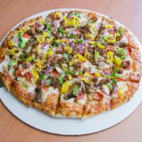 Super Moon Pizza · Signature marinara pizza sauce, pepperoni, Italian sausage, red onions, green peppers, fresh...