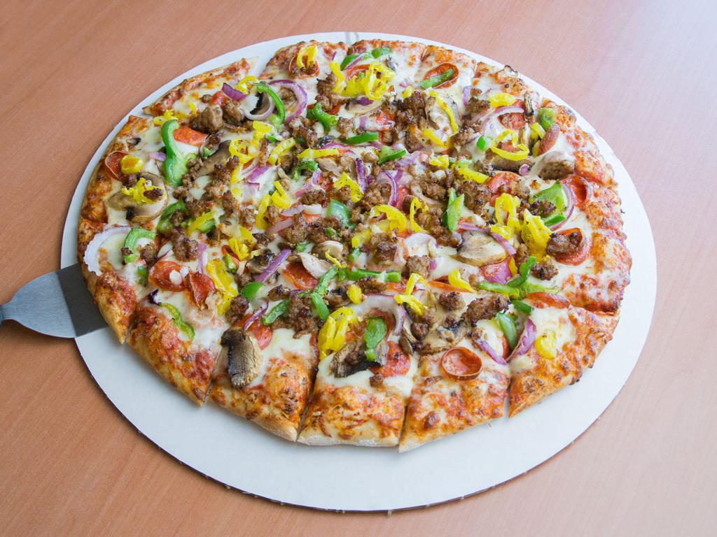 Super Moon Pizza · Signature marinara pizza sauce, pepperoni, Italian sausage, red onions, green peppers, fresh mushrooms and mild banana peppers. Made with our family dough and sauce.