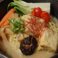 Veggie Ramen Noodle+House Salad · Japanese myojo vegan ramen, soy miso shiitake broth, fried tofu, tomato, bamboo, bok-choy, c...