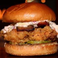 Hot Honey Chicken · Spicy Fried Chicken, pickles, bacon, spicy Huslaw & hot honey