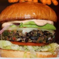Ring the Alarm (Veggie) · Black bean patty, Pepper Jack cheese, lettuce, tomato, pickled onion, avocado, and chipotle ...