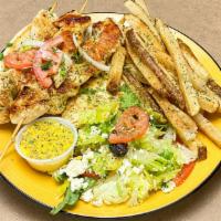 Chicken souvlaki platter · 3 chicken breast kabobs grilled with pita salad and choice of fries or oven potato.