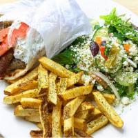 Gyro Combo · Tender gyro slices served on pita bread, dressed with tomato, onion & tzatziki sauce with ha...