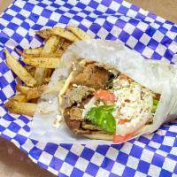 Fat Deluxe Gyro · Double meat with lettuce, tomatoes, feta and onions with fries.
