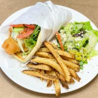 Fish Pita Combo · Grilled or fried flaky white fish with feta, lettuce, onions, tomatoes, pepperoncini’s and d...