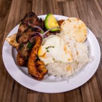 Bandejita Paisa · Grilled steak, pork belly, pork sausage, fried egg, fried ripe plantain rice, red beans, avo...