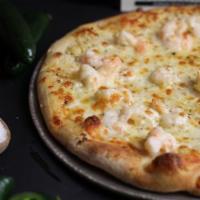Shrimp Scampi Pizza · White pizza with shrimp, garlic, olive oil & oregano topped with mozzarella cheese