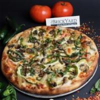 Veggie Lovers Pizza · White pizza with sliced tomato, mushrooms, onions, fresh peppers, grilled zucchini, garlic, ...