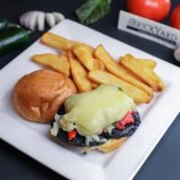 Portobello Burger · NO MEAT! Grilled Portobello mushroom topped with caramelized onions, roasted peppers & Provo...