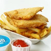 Cod & Chips · Hand cut filet of wild caught Alaskan Cod lightly battered & breaded carefully fried with a ...