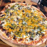 Cheese Steak Pizza · Beef steak, onions, american cheese, cheddar cheese, and little mozzarella. 