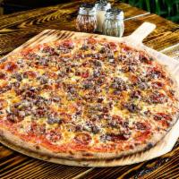 Americano Pizza · A bacon cheeseburger pizza topped with mozzarella, pepperoni, sausage and cheddar.