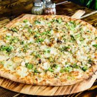 Broccoli Chicken Alfredo Pizza · Our special homemade pizza Alfredo sauce with mozzarella, topped with marinated chicken brea...