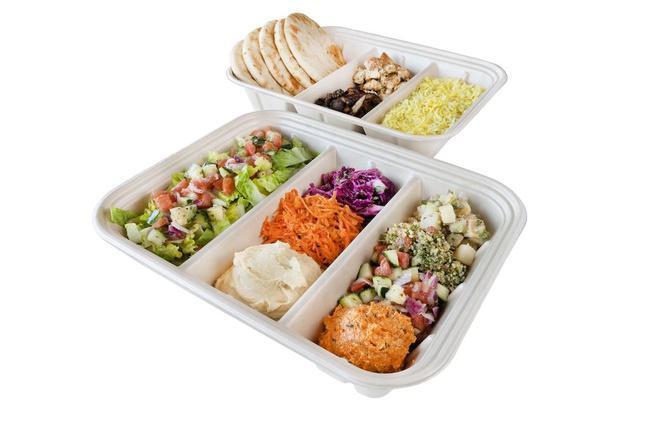 Family Meal · Family Meal feeds up with 4 people. Build your meal with your choice of 2 proteins, 6 toppings, and up to 2 sauces. Meals include Basmati Rice, Side Salads, and 5 Mini Pita Breads.