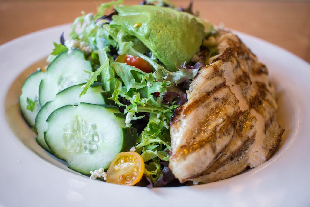 Cobb Salad* · Arcadian mixed greens with bacon, blue cheese, tomatoes, boiled egg, avocado, tossed with balsamic vinaigrette and served with fresh grilled chicken.