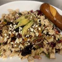 Pomegranate Power Salad with Chicken · Green, baby kale mix, shaved brussels sprouts, quinoa pomegranate blend, dried cherries, can...