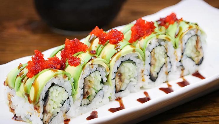 R42. Dragon Roll · Eel cucumber with avocado and tobiko outside.
