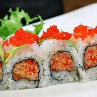 R58. Amaebi Roll · Spicy crab crunch inside with sweet shrimp and avocado on top.