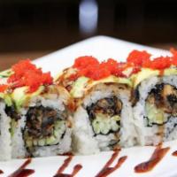 R61. Rock N Roll · Salmon skin and cucumber inside, eel, avocado and tobiko on top.