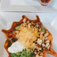 ⭑Taco Salad · The Coolest Salad! Fried flour tortilla shell with lettuce, tomatoes, cheese, guacamole, sou...
