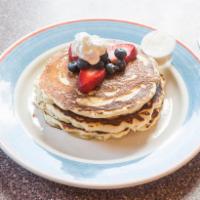 Pancakes · Add 2 eggs on top, toppings for an additional charge. Flat sweet cake.
