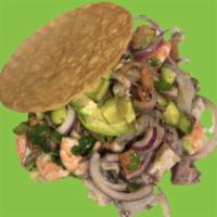 Tostada Embarazada Especial · Fish Ceviche, Aguachile shrimp, cooked shrimp, and octopus.
Includes Cilantro, cucumber, tom...