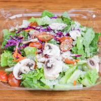 Farmhouse Salad · Chopped Lettuce, Baby Tomatoes, Sliced Mushrooms, Shredded Carrots & Cabbage, Grated Parmesa...
