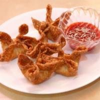 Crab Rangoon · 5 Crisp golden wontons wrapped and filled with cream cheese and imitation crab.