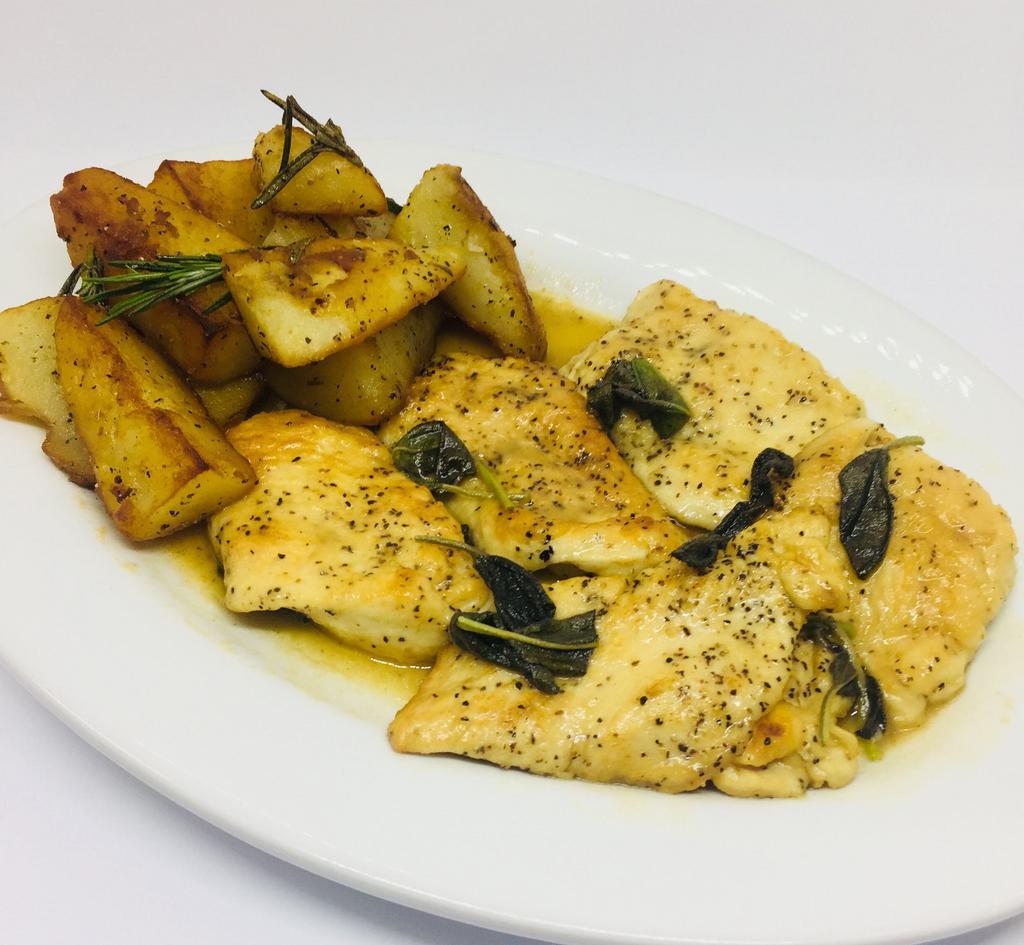 Chicken Piccata · Chicken breast cutlet with capers in a lemon and butter sauce, served with roasted potatoes.