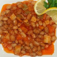 Barbunya Pilaki · Borlotti (Cranberry) beans cooked with vegetables in olive oil. Served with Pita bread. 
