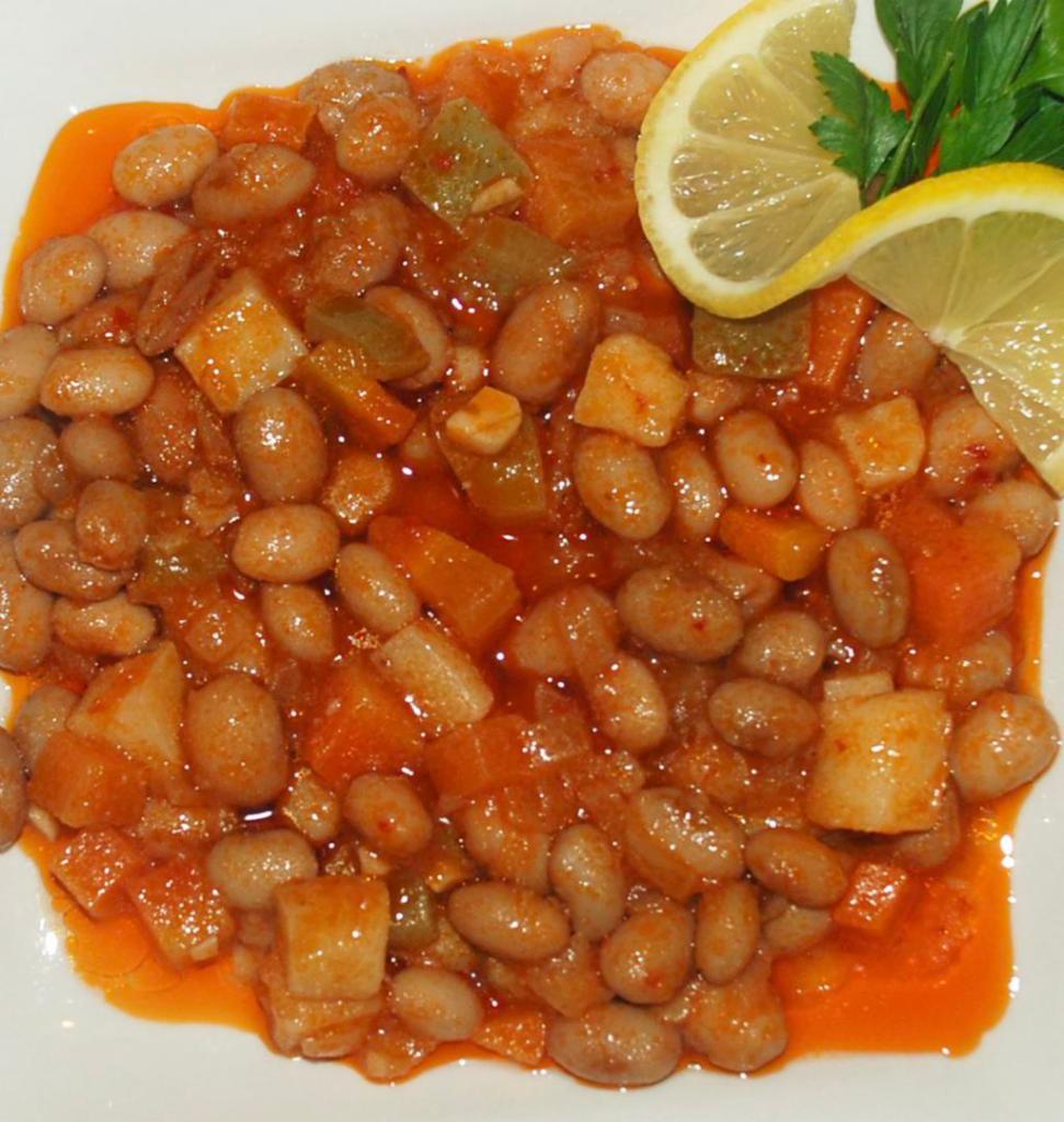 Barbunya Pilaki · Borlotti (Cranberry) beans cooked with vegetables in olive oil. Served with Pita bread. 