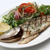 Bronzinio · Whole Mediterranean sea bass char grilled and served with salad and chef's special sauce. 
