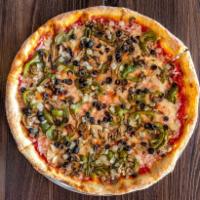 Veggie Pizza · Mushrooms, green peppers, black olives, and onions.