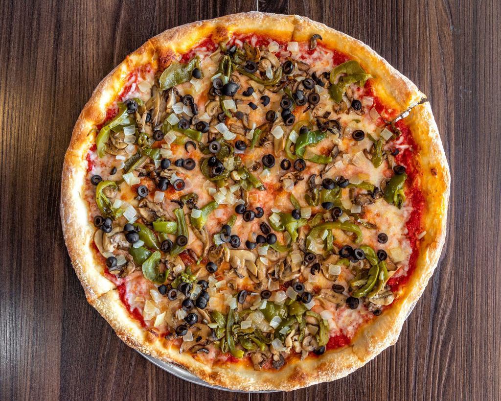 Veggie Pizza · Mushrooms, green peppers, black olives, and onions.